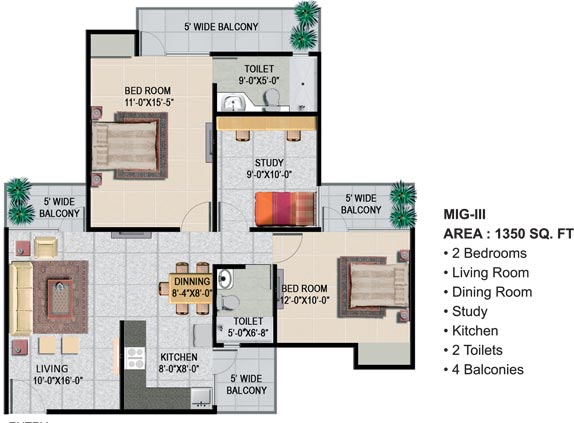 The floor plan size of Panchsheel Greens 2 2 BHK Flat is 1350 sq ft.